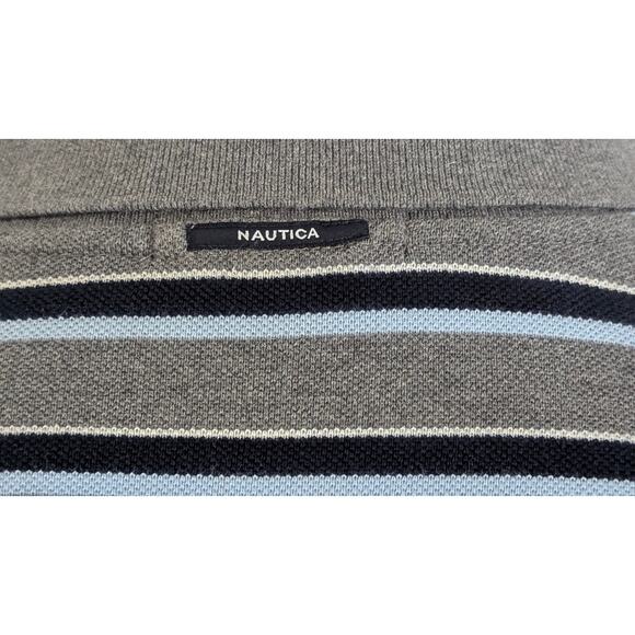 Vintage NAUTICA 100% Cotton Striped Gray Long Sleeve Polo Shirt LARGE - Picture 4 of 5